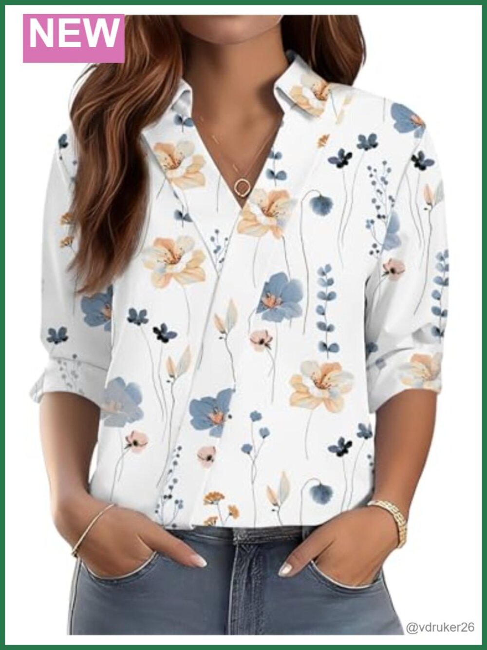 LOMON 3/4 Sleeve V Neck Collared Dressy Casual Blouse Business Top